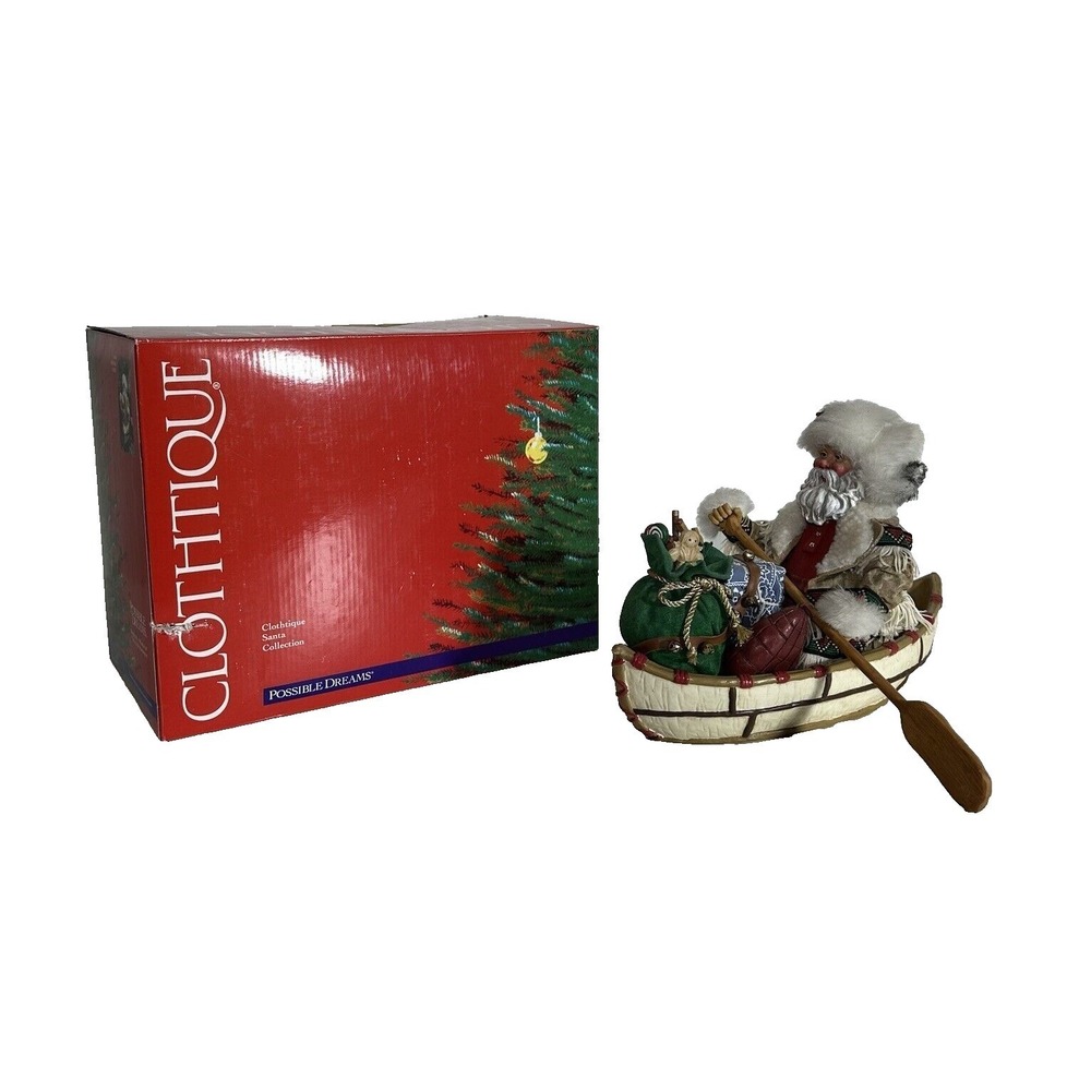 Possible Dreams Clothtique Santa in Canoe Figurine Christmas Decor 12 Inch